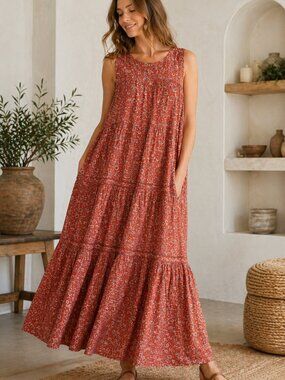 MAX STUDIO Joie Bondi Terracotta Tiered Maxi Dress Sleeveless XL Boho Prairie
